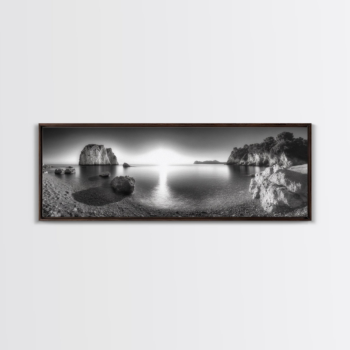 Seaside Sunrise, Rocky Beach Calm, Coastal Light, Canvas Print, peaceful ocean decor, minimalist sunrise wall art, zen meditation space