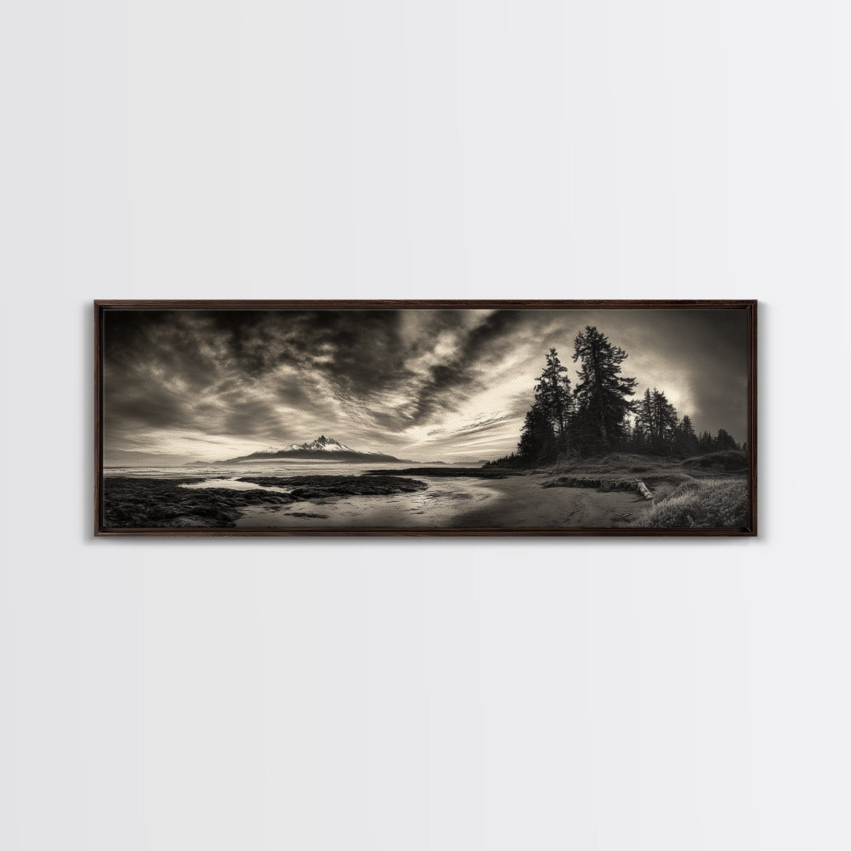 Mountain Shoreline, Stormy Sky, Forest Edge, Canvas Print, Wilderness Landscape Art, Cabin Decor, Moody Nature Photography