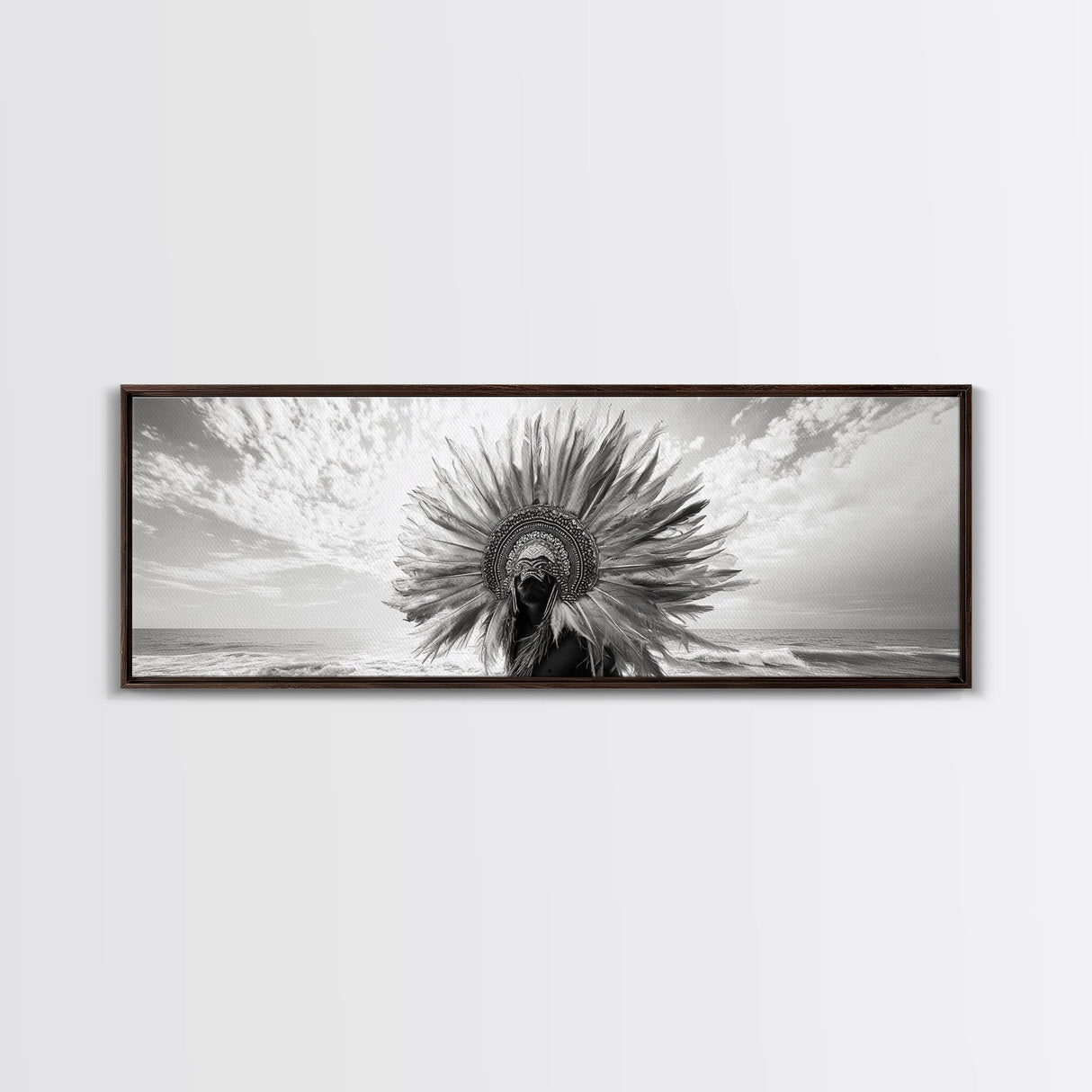 Tribal Headdress, Cultural Art, Feathered Crown, Ocean Spirit, Canvas Print, Global Boho Art, Living Room Wall Decor, Ethnic Aesthetic