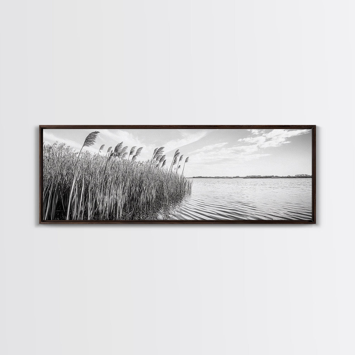 Windy Reeds, Lakeside Breeze, Natural Grass Art, Monochrome Landscape, Canvas Print, Boho Living Room Decor, Botanical Minimalist Wall Art
