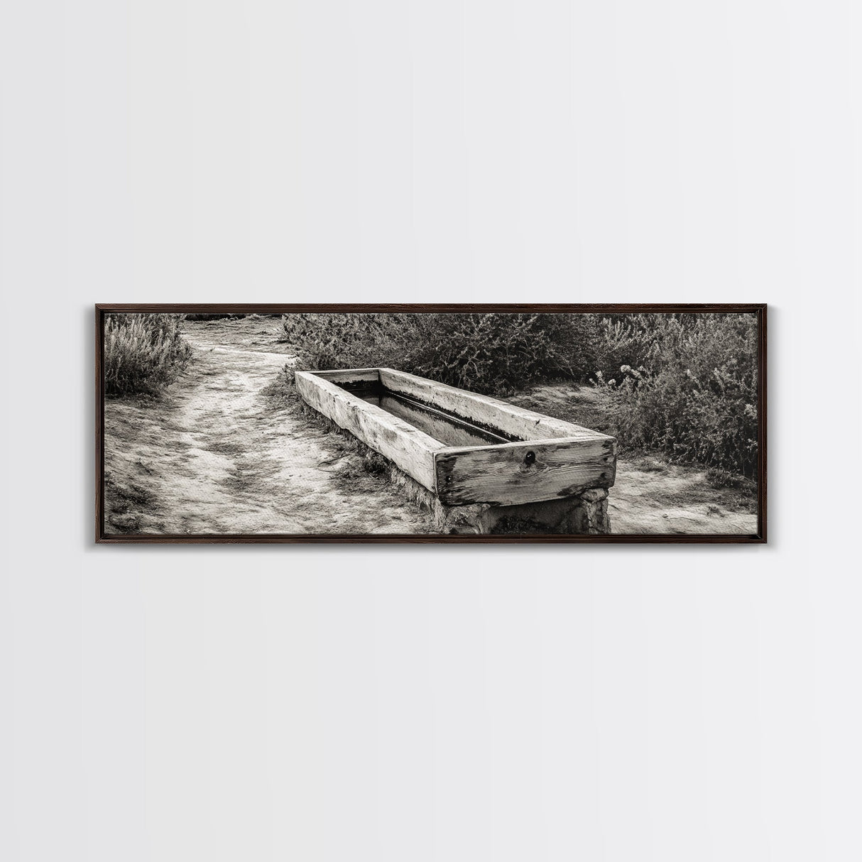 Rustic Water Trough, Nature Trail, Western Desert Scene, Framed Canvas Print, Country Farmhouse Decor, Minimalist Entryway Wall Art