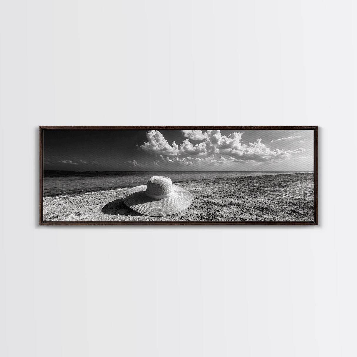 Beach Hat Scene, Coastal Escape, Sunny Seaside Moment, Framed Canvas Print, Modern Boho Bedroom Art, Summer Inspired Wall Decor
