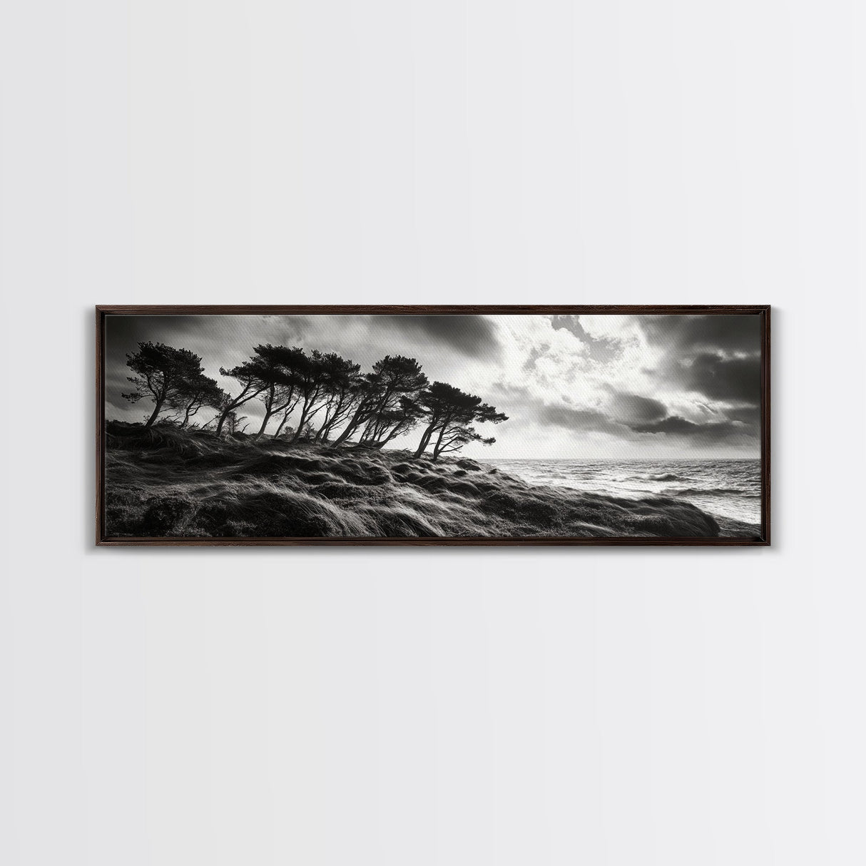 Windswept Pines, Stormy Sea, Moody Coastal Scene, Framed Canvas Print, Rustic Nature Decor, Bedroom Wall Art, Autumn Vibes