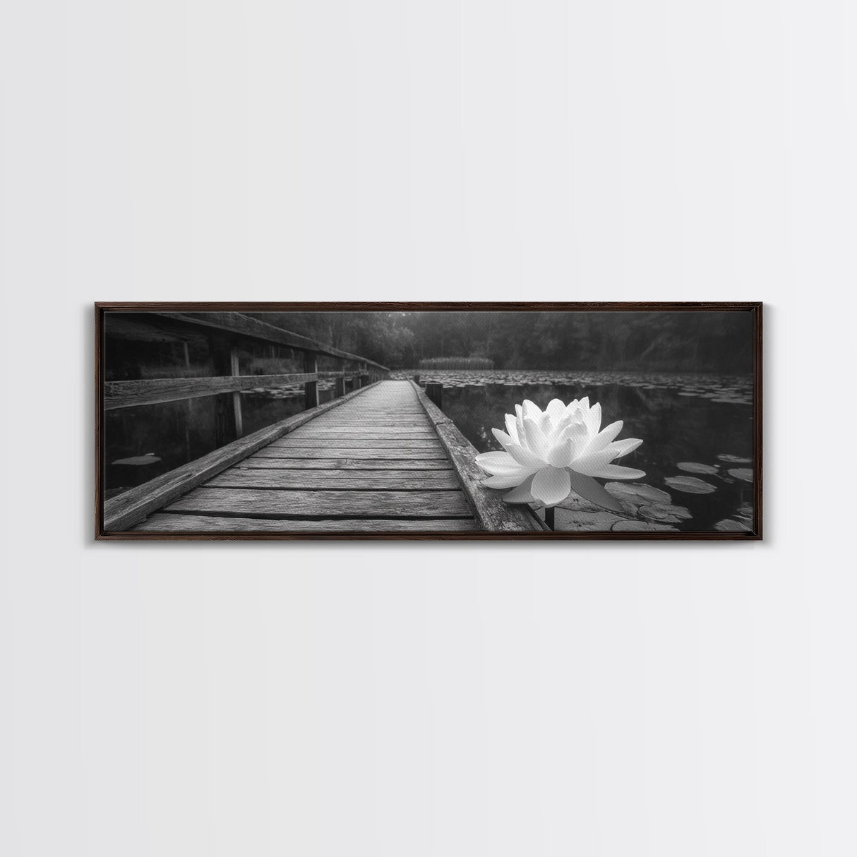 Water Lily, Peaceful Pond, Wooden Dock, Framed Canvas Print, Zen Wall Art, Meditation Room Decor, Black and White Nature Art