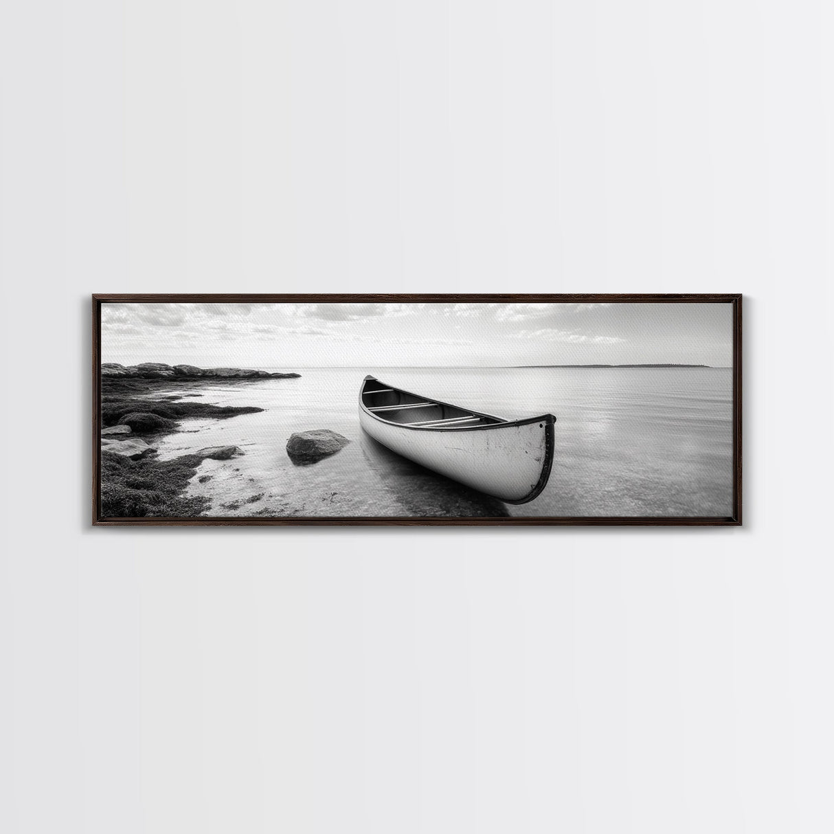 Canoe Shore, Coastal Calm, Nature Paddle, Tranquil Waters, Canvas Print, minimalist outdoor art, boho lake decor, living room wall piece