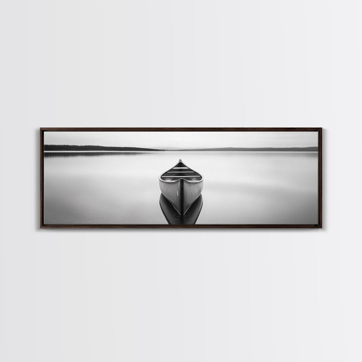 Still Canoe, Lake Mirror, Serene Water, Monochrome Boat, Framed Canvas Print, minimalist wall art, peaceful bedroom decor, boho lake style