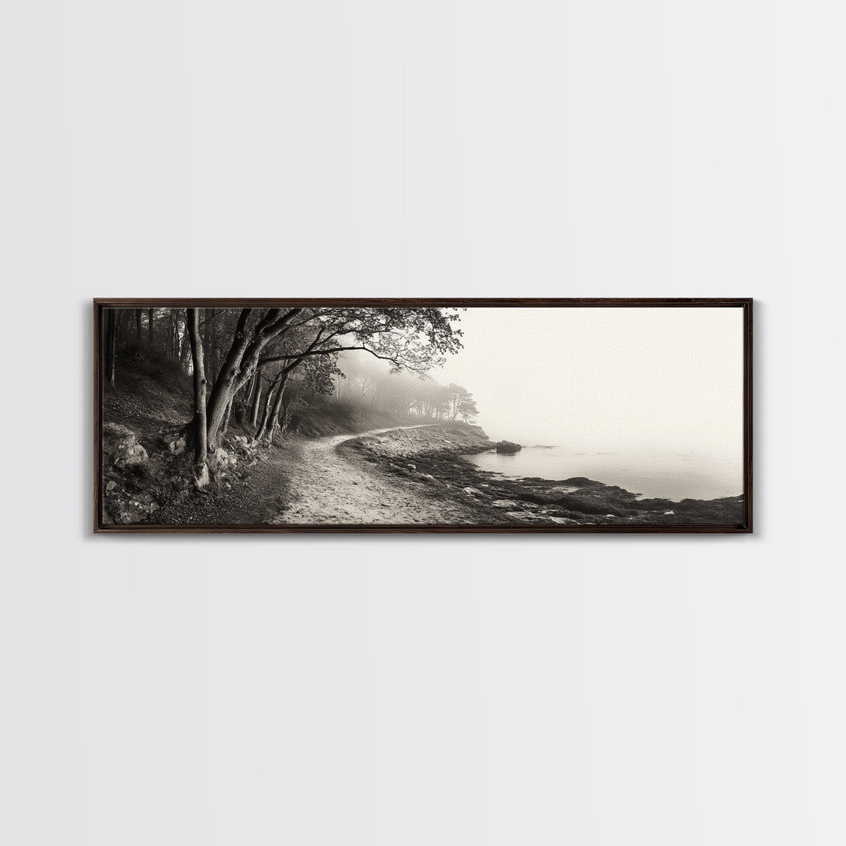 Forest Path, Misty Woods, Quiet Trail, Coastal Fog, Framed Canvas Print, Scandinavian Decor, Entryway Art, Minimal Nature Photography