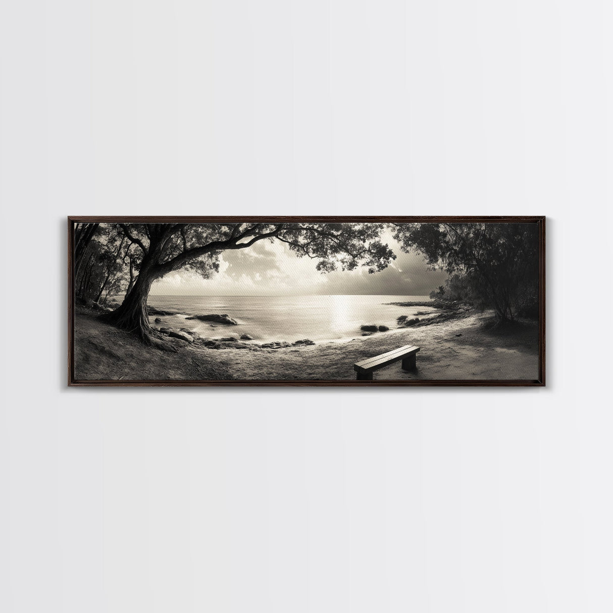Serene Bench, Ocean View, Tropical Shoreline, Framed Canvas Print, Tranquil Beach Art, Entryway Decor, Nature Photography Wall Art