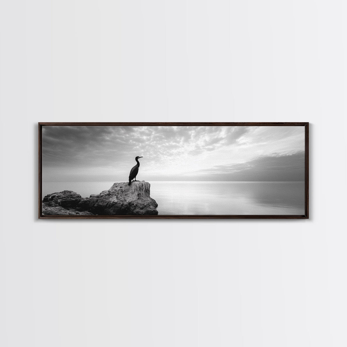 Solitary Bird, Ocean Rock, Minimalist Seascape, Canvas Print, Peaceful Wall Art, Zen Decor, Black and White Living Room Accent