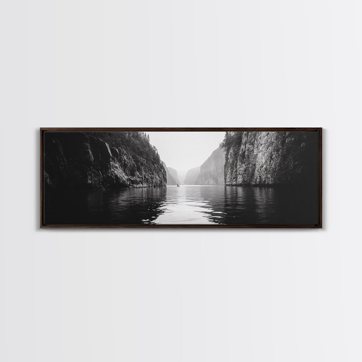 Misty Canyon, River Passage, Tranquil Adventure, Canvas Print, Nature Escape Wall Art, Zen Office Decor, Moody Black and White Style