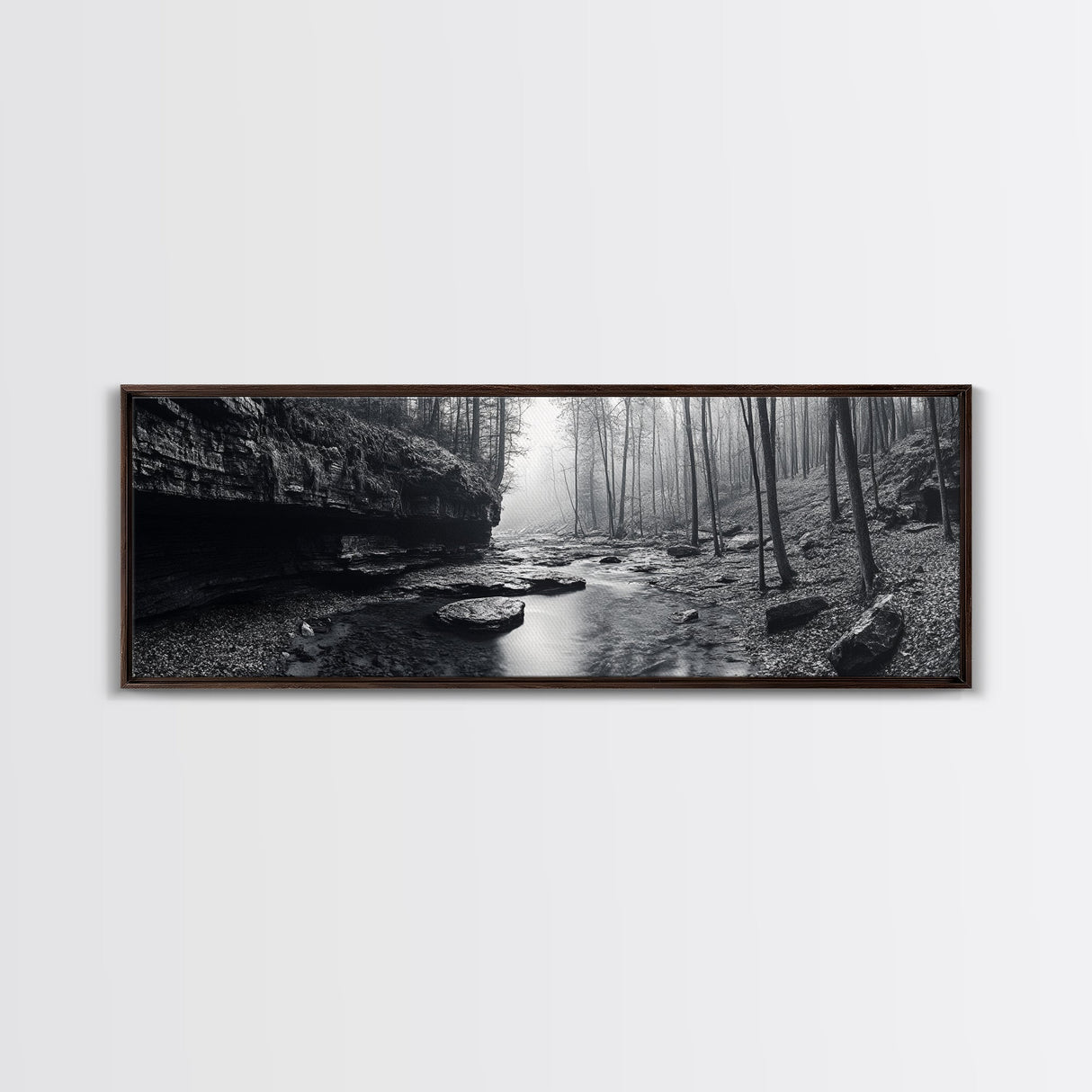 Misty River, Tranquil Forest, Autumn Nature, Monochrome Photography, Framed Canvas Print, Bedroom Wall Art, Rustic Decor, Minimalist Style