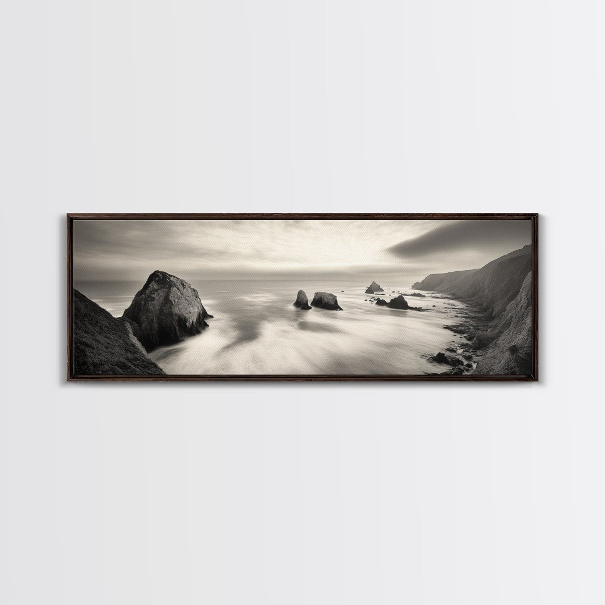 Rocky Coastline, Ocean Cliffs, Soft Waves, Long Exposure Landscape, Framed Canvas Print, Nautical Wall Art, Calm Living Room Decor