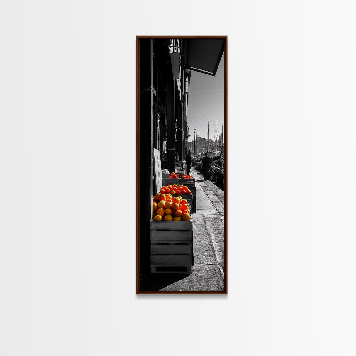 Orange Crates, Market Scene, Harbor View, Urban Life – Framed Canvas Print, Kitchen Wall Art, Rustic Market Decor, Fall City Aesthetic