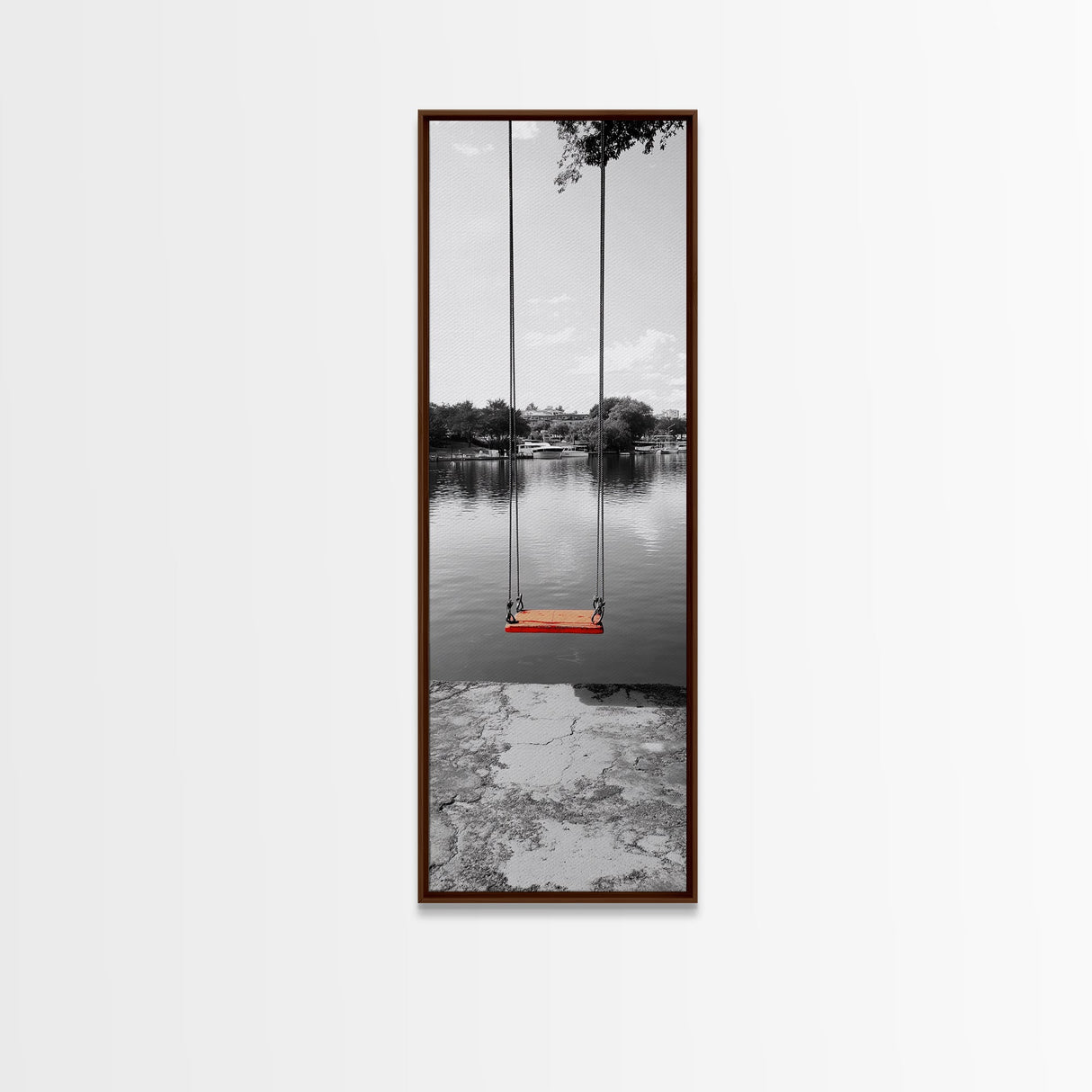 Swing Over Lake, Still Waters, Childhood Memories, Tranquil View – Canvas Print, Minimalist Wall Art, Kids Room Decor, Serene Black and White