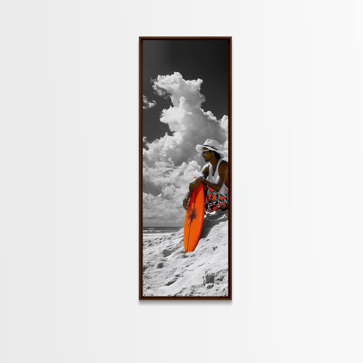 Surfer Beach Day, Orange Surfboard, Ocean Mood, Framed Canvas Print, Tropical Wall Art, Coastal Bedroom Decor, Modern Minimalist Style