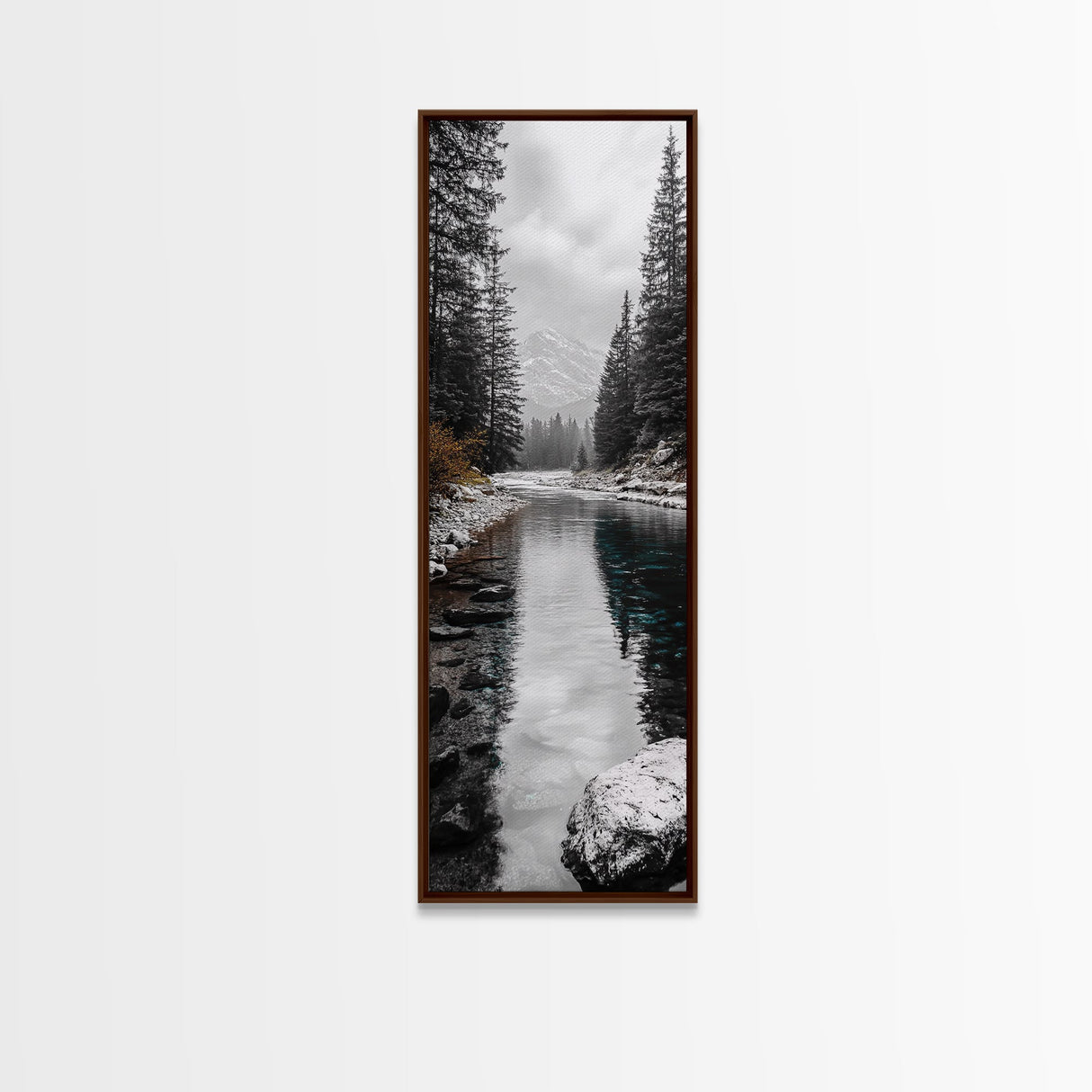 Mountain River, Forest Reflections, Nature Tranquility, Winter Pines, Canvas Print, Serene Landscape Wall Art, Bedroom Cabin Decor