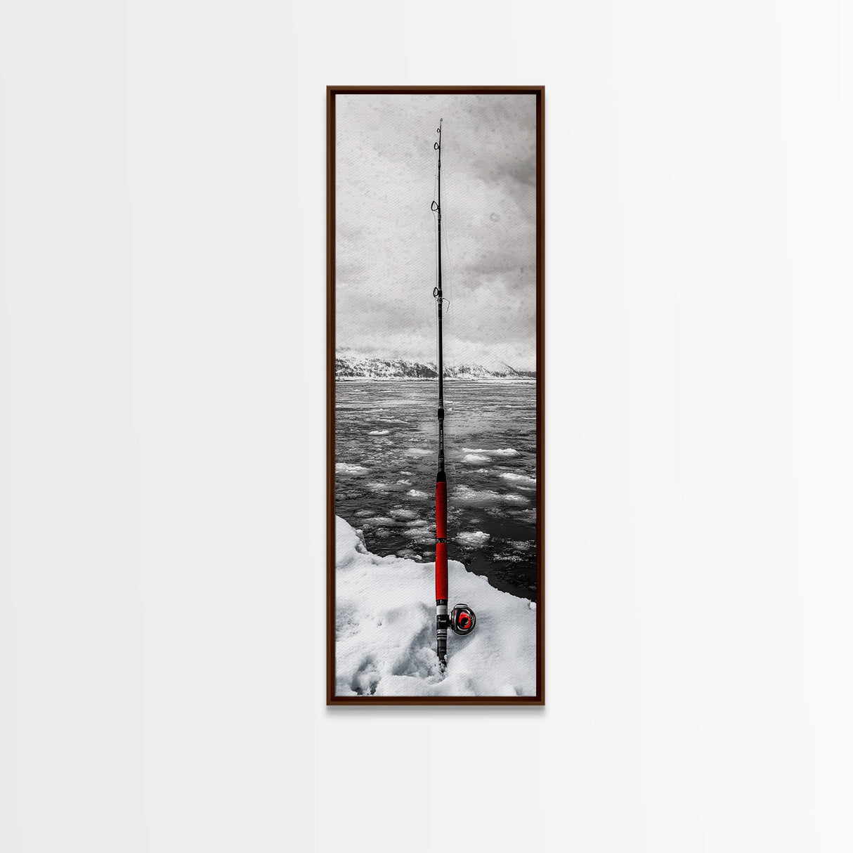 Ice Fishing Rod, Snow Adventure, Winter Sport, Framed Canvas Print, Man Cave Decor, Rustic Cabin Wall Art, Outdoor Lifestyle Photography