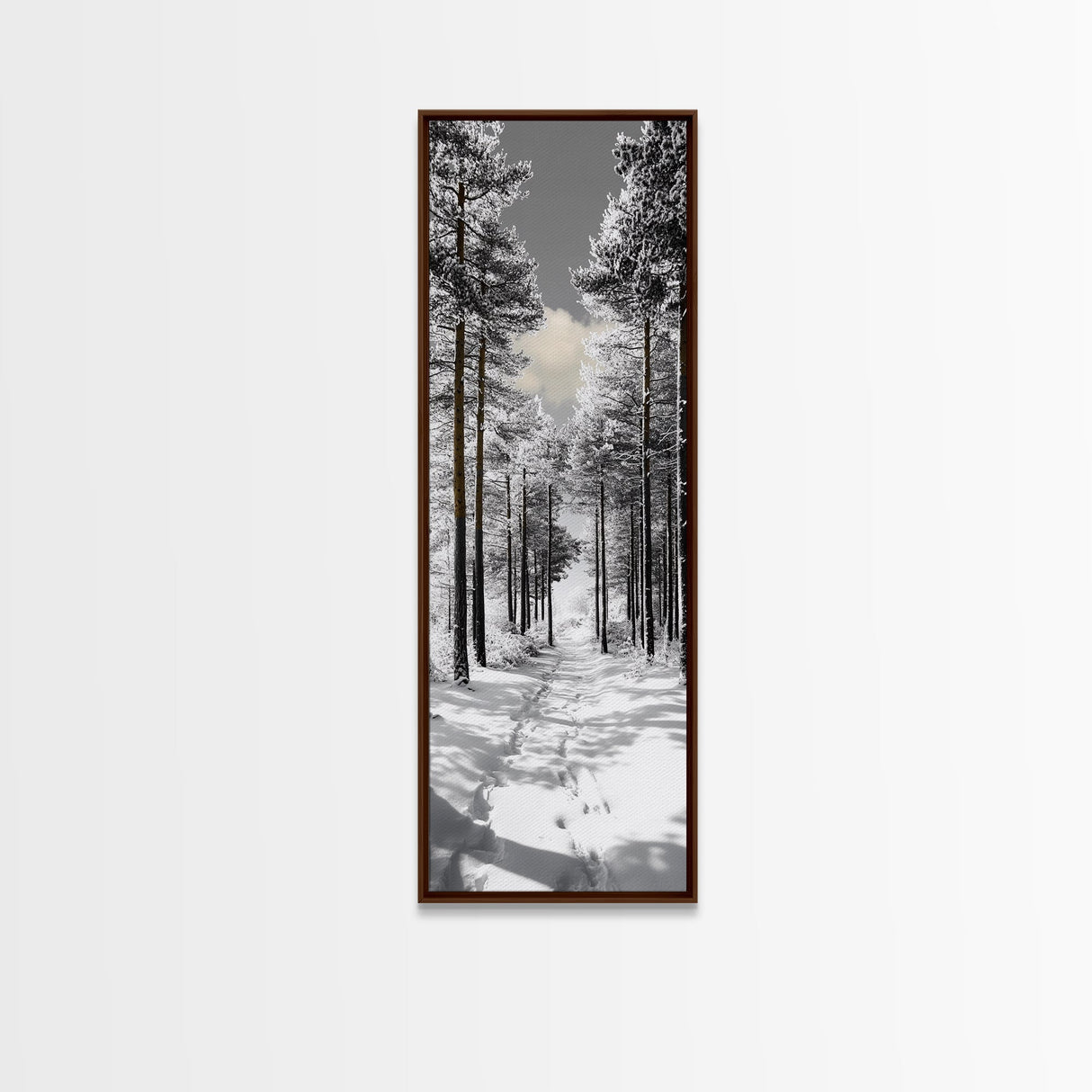 Snow Path, Winter Forest, Frosty Pines, Silent Trail, Framed Canvas Print, Christmas Wall Art, Cabin Decor, Nordic Winter Scene
