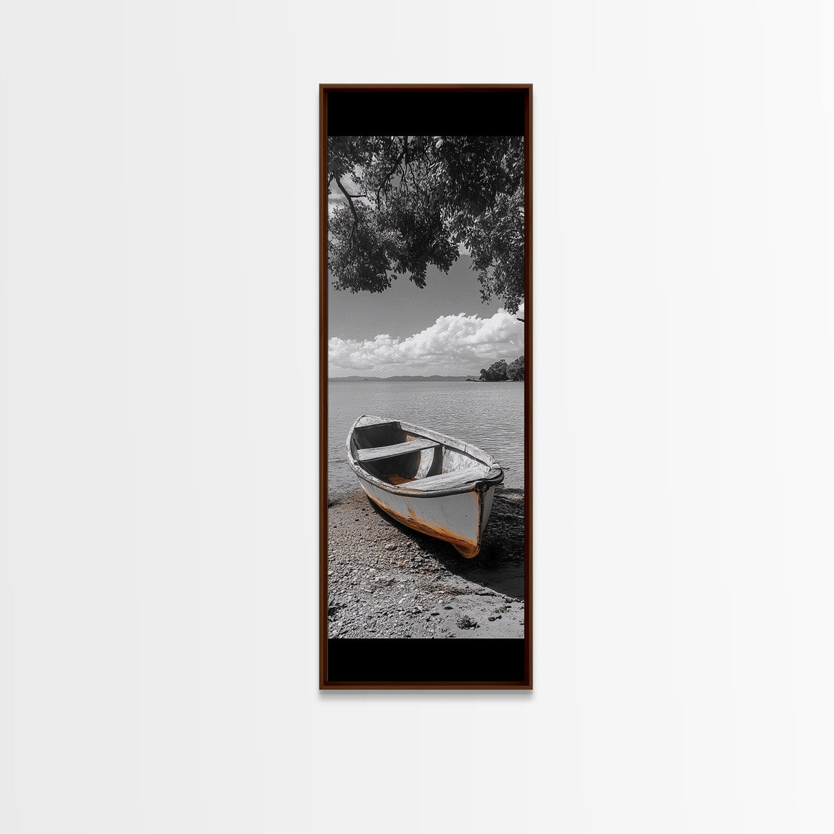 Rustic Rowboat, Tranquil Shore, Coastal Serenity, Vintage Lake Style, Canvas Print, Living Room Wall Art, Monochrome Nature Photography