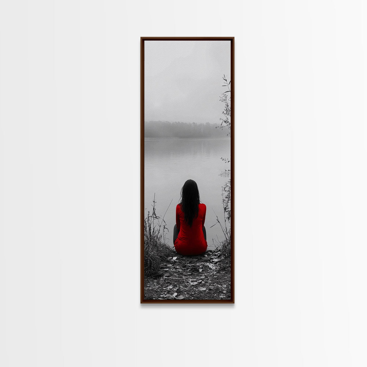 Solitude Reflection, Red Dress Woman, Tranquil Mood, Autumn Lake Scene, Framed Canvas Print, Mindful Art, Bedroom Wall Decor
