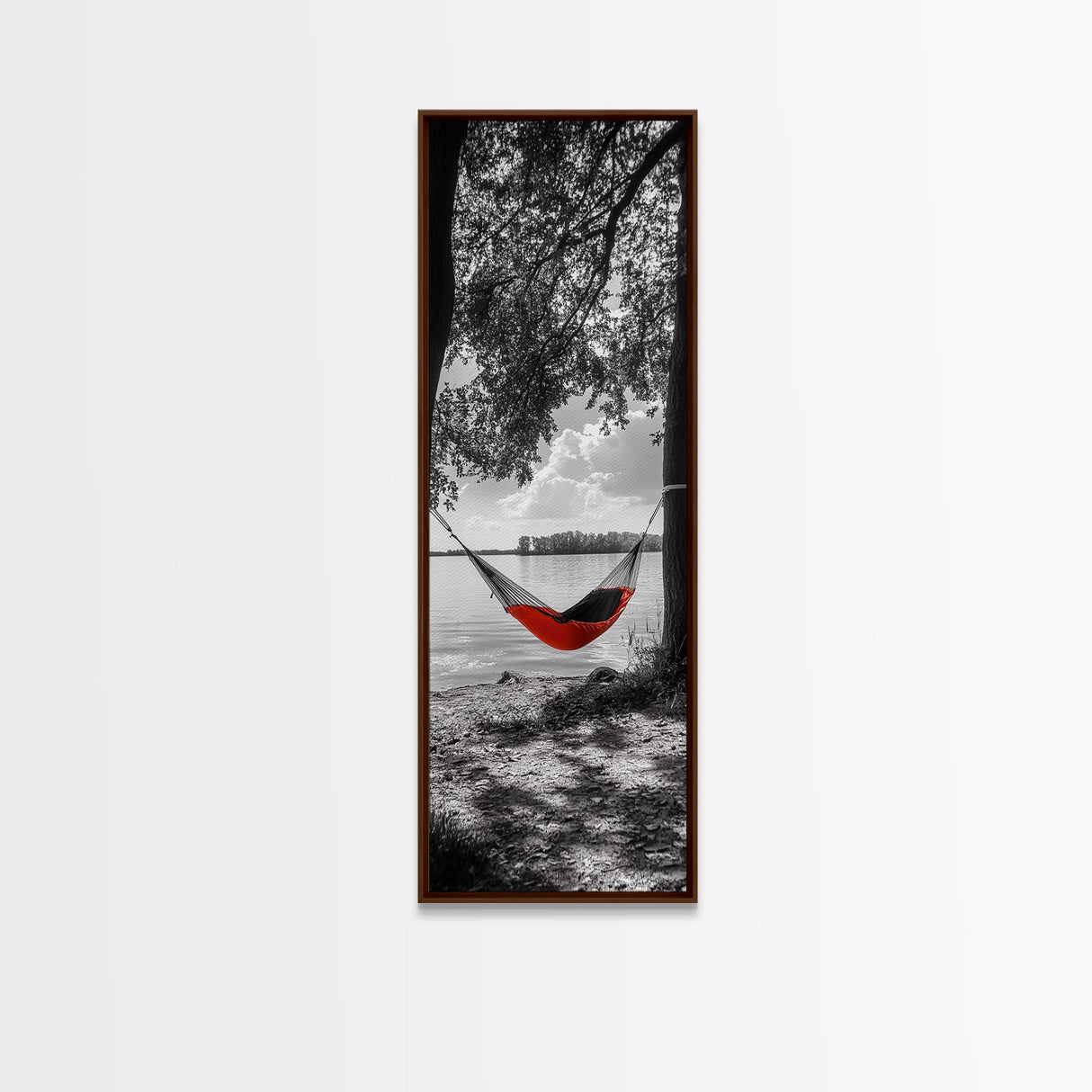 Red Hammock Escape, Nature Lake Art, Serene Moment, Outdoor Vibes, Framed Canvas Print Rustic Bedroom Wall Art, Minimalist Landscape