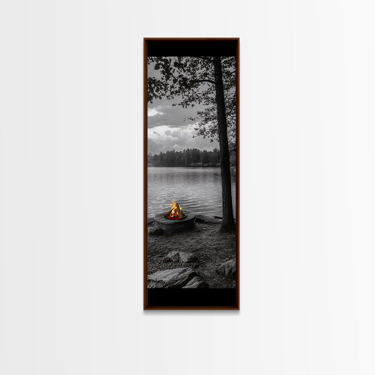Autumn Campfire Scene, Cozy Outdoors, Fall Evening Glow, Lakeside Calm, Framed Canvas Print Cabin Decor, Living Room Autumn Wall Art