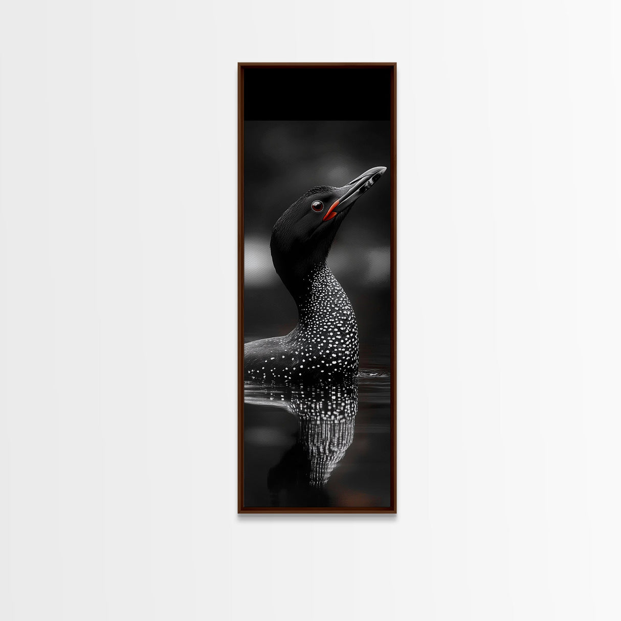 Loon Bird, Red Eye, Monochrome Wildlife, Nature Framed Canvas Print, modern living room wall art, black and white animal art