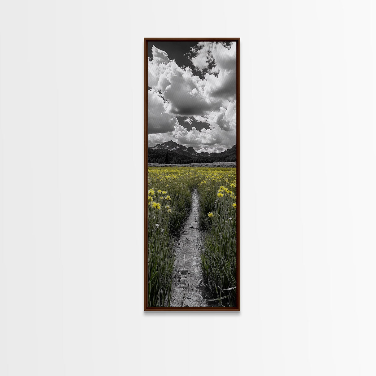 Yellow Field, Mountain Trail, Alpine Meadow, Bright Sky Framed Canvas Print, nature lover gift, landscape wall decor, cabin wall art
