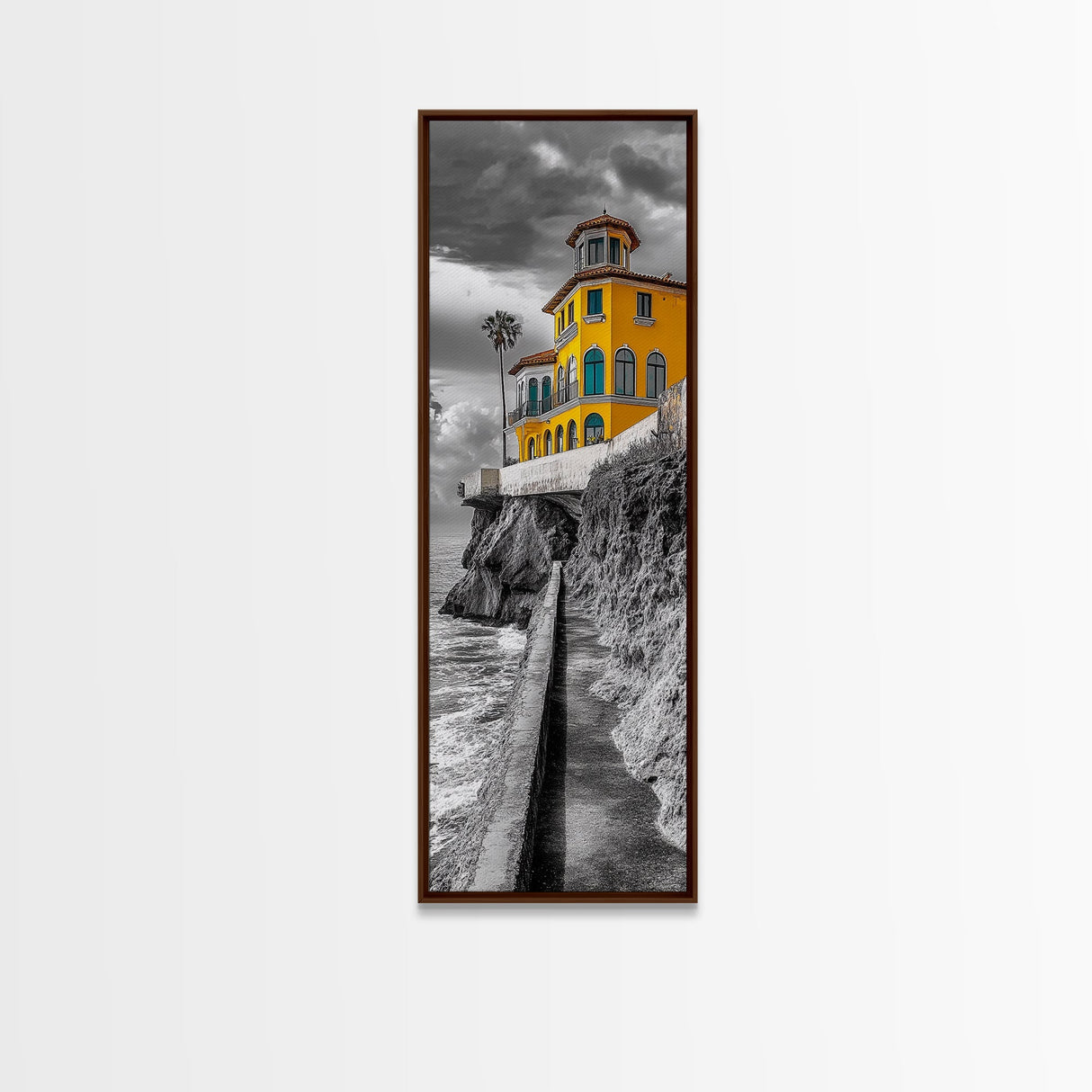 Yellow Villa, Coastal House, Mediterranean Escape, Bold Architecture, Canvas Print, Kitchen Wall Art, Modern Coastal Decor, Travel Photography