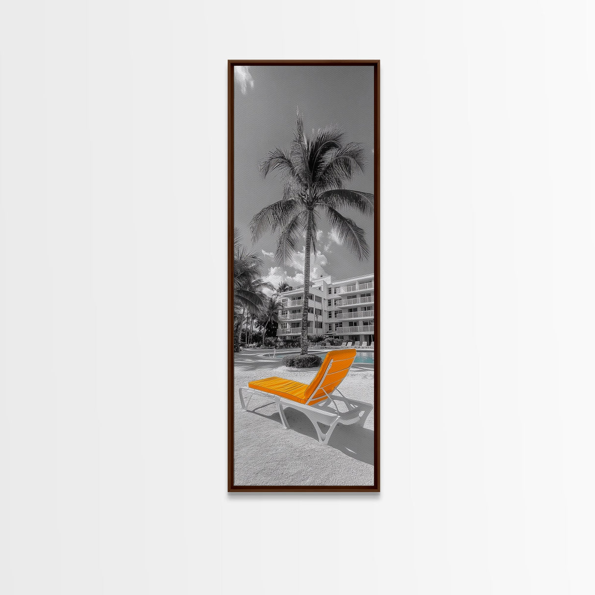 Poolside Palm, Tropical Escape, Resort Vibe, Orange Chair, Framed Canvas Print, Summer Wall Decor, Boho Art, Living Room Tropical Art