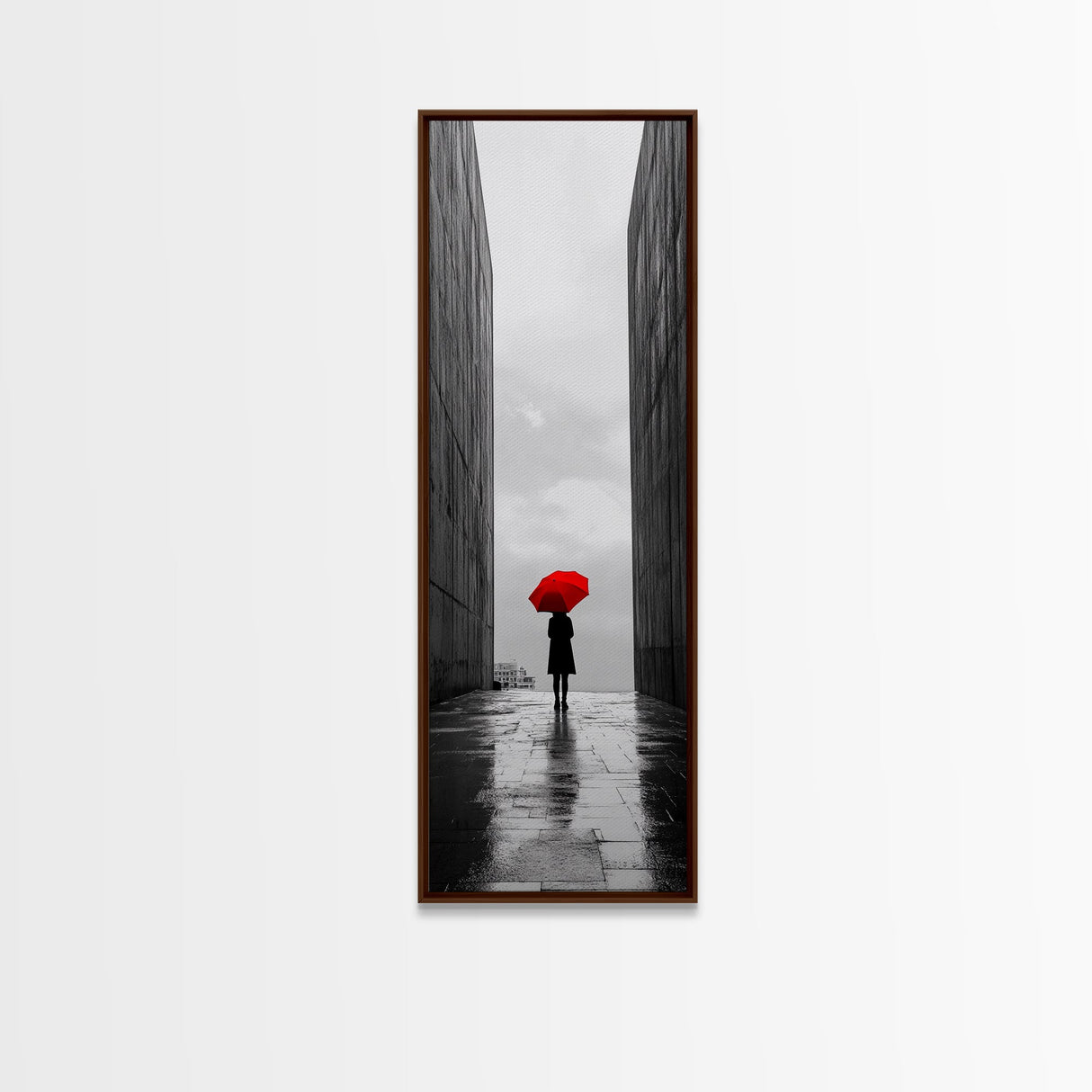 Red Umbrella, Rainy Day, Urban Silhouette, Framed Canvas Print, Minimalist Wall Art, Modern Entryway Decor, Monochrome Mood