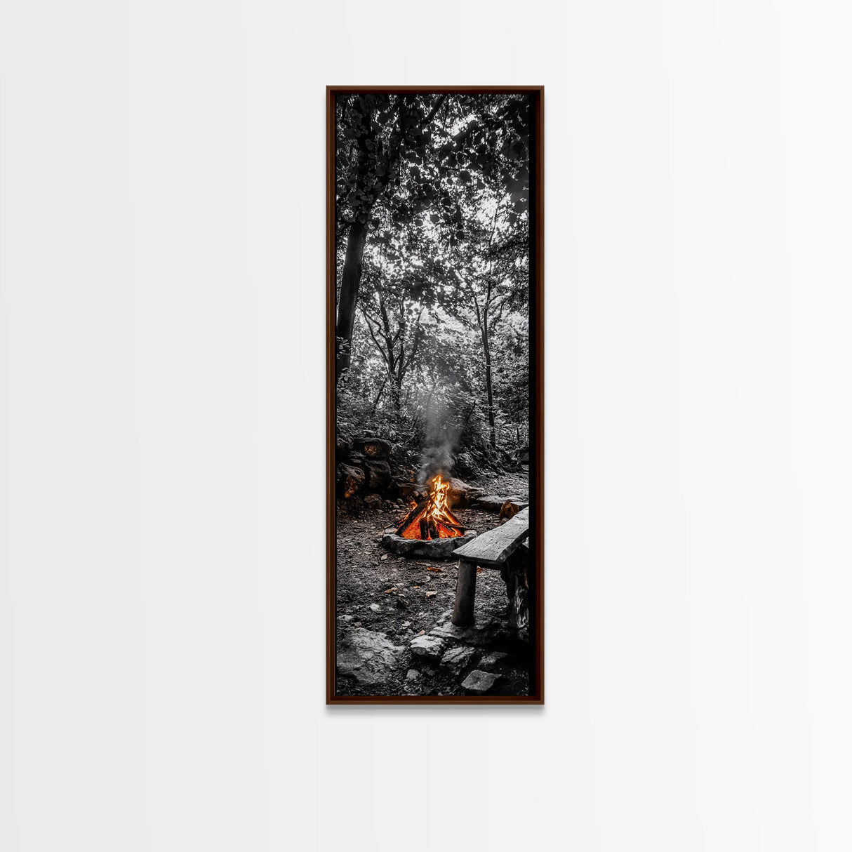 Forest Firepit, Glowing Flames, Wilderness Night, Framed Canvas Print, Camping Wall Art, Rustic Fall Decor, Cabin Living Style