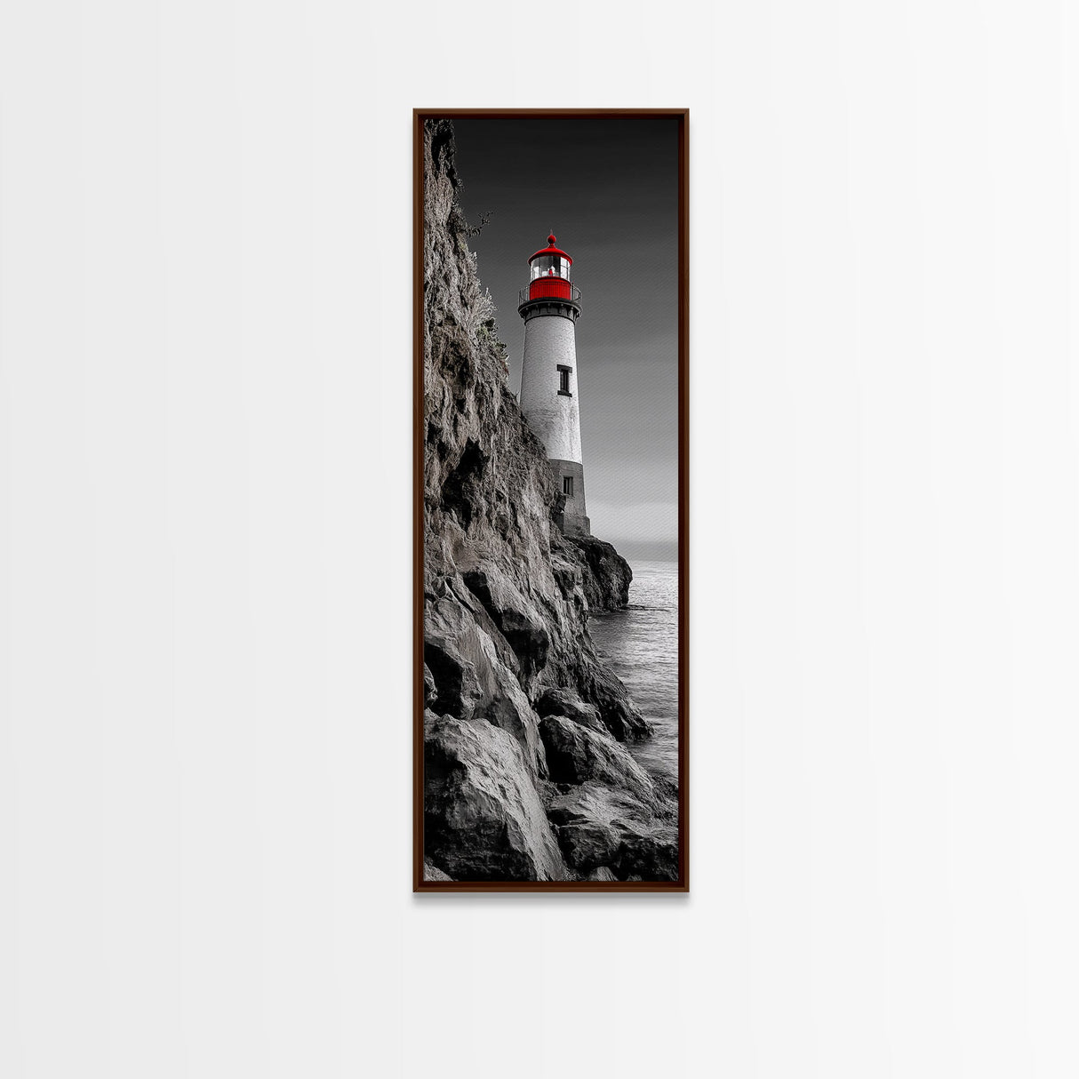 Red Lighthouse Art, Nautical Coastal Scene, Moody Seaside Decor, Framed Canvas Print, Ocean Wall Art, Bathroom or Office Accent