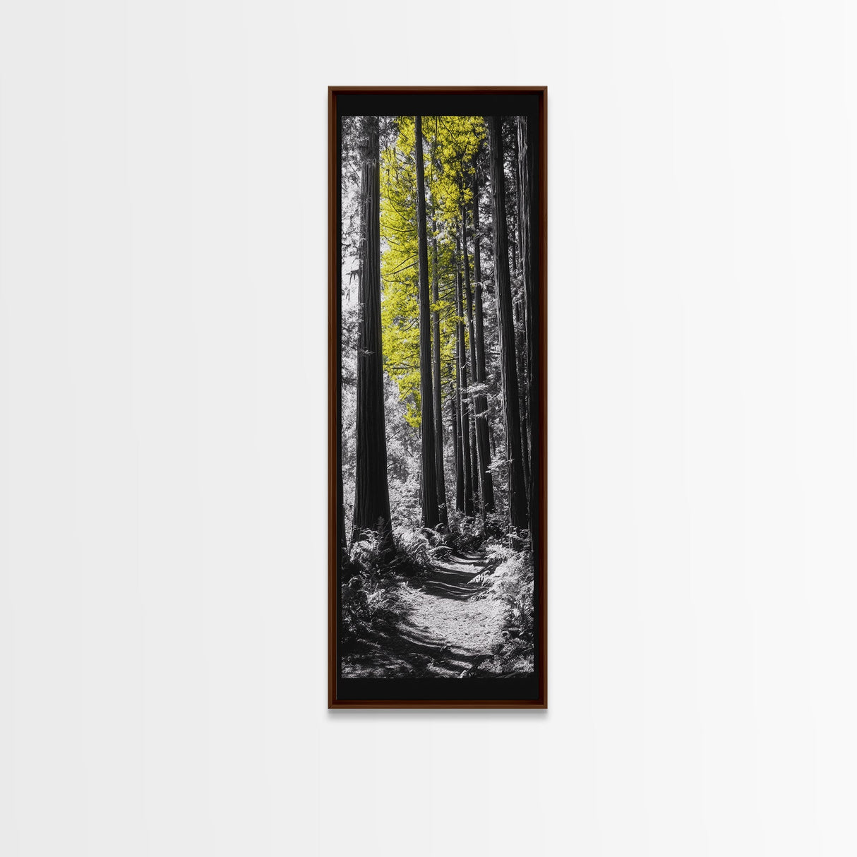 Forest Path Print, Yellow Tree Glow Art, Nature Lover’s Retreat, Framed Canvas Print, Fall Woodland Living Room Wall Decor, Moody Landscape