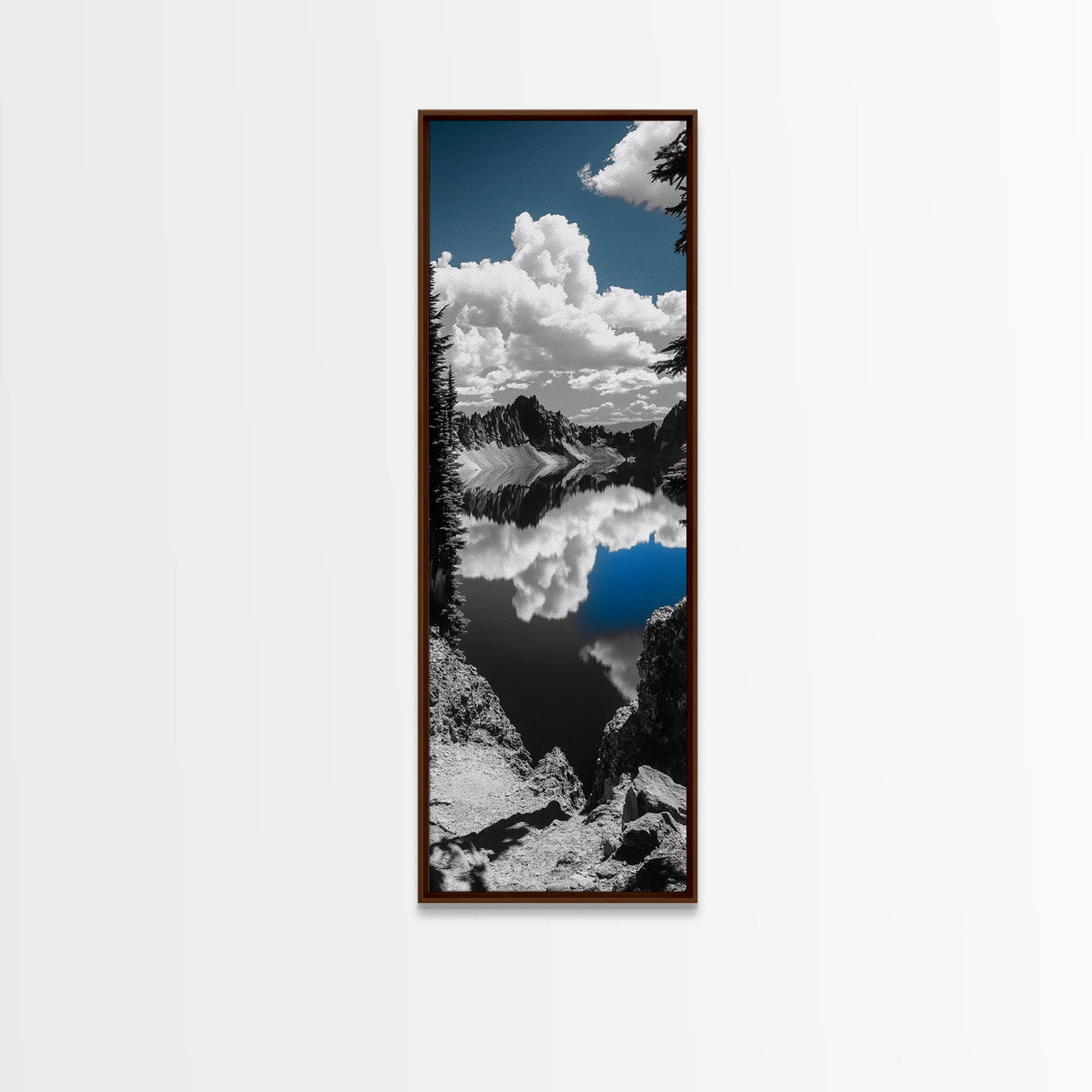 Reflected Clouds, Blue Sky, Mountain Lake, Wilderness Escape, Scenic Nature Art, Framed Canvas Print, Tranquil Office Wall Decor
