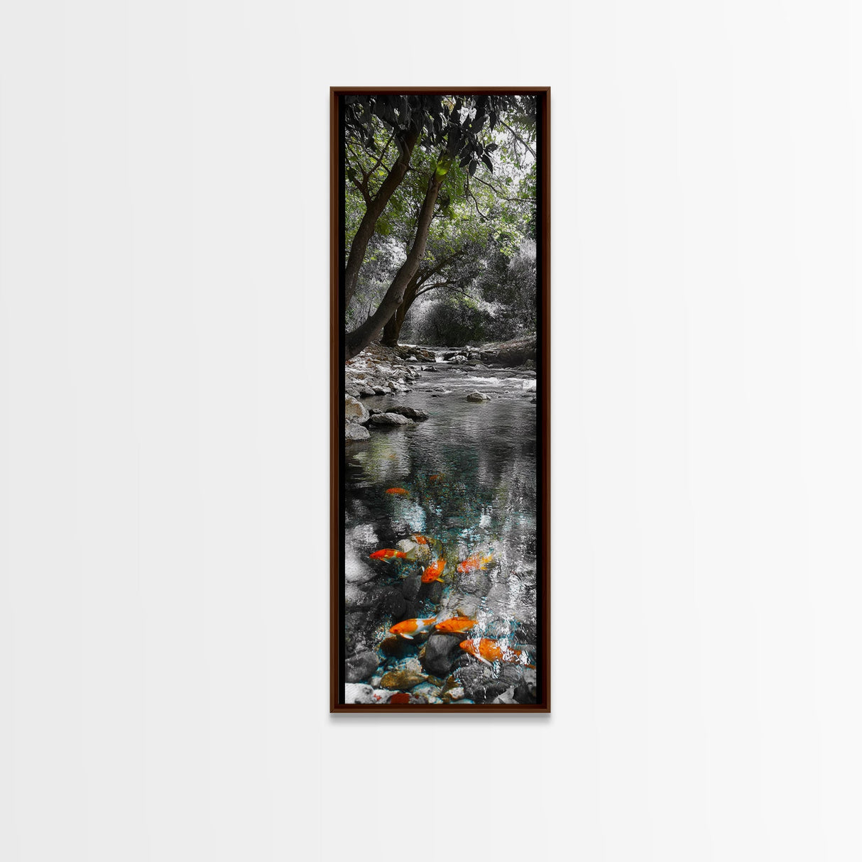 Koi Pond, Peaceful Water, Zen Garden Vibes, Orange Fish, Reflective Nature, Framed Canvas Print, Serene Bedroom Wall Art, Living Room Art