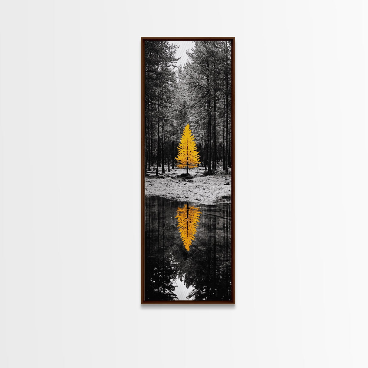 Golden Tree, Forest Reflection, Autumn Solitude, Nature Focused Minimalism, Framed Canvas Print, Zen Bathroom or Office Wall Art