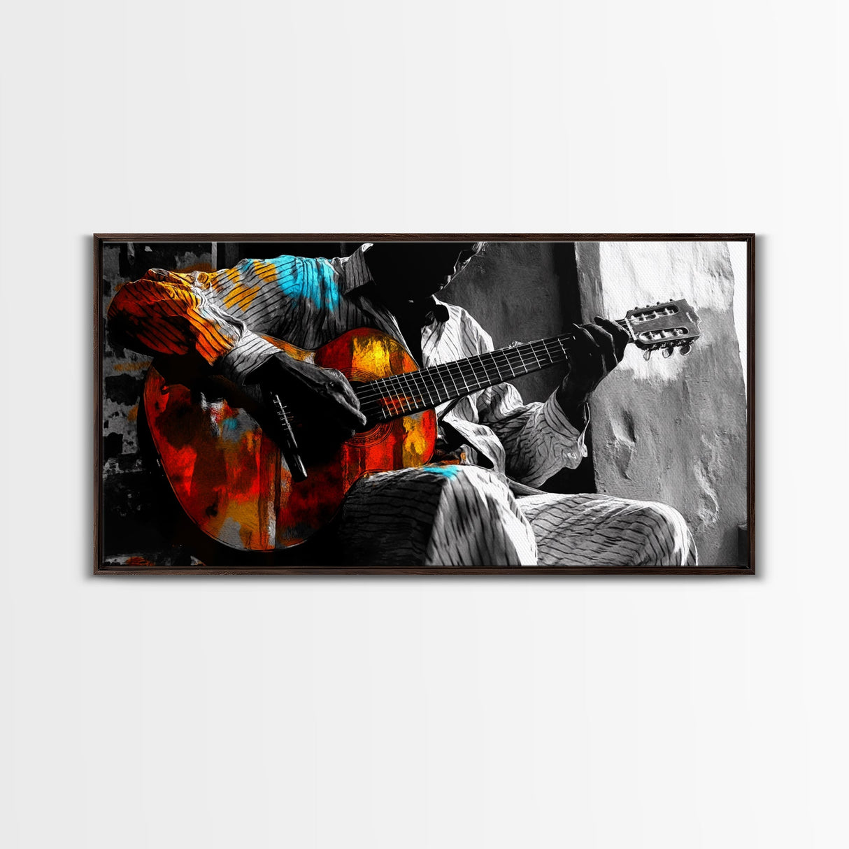 Guitarist, Music, Expression, Moody musical moment captured in this Framed Canvas Print, Boho Music Room Art, Artistic Studio Wall Art