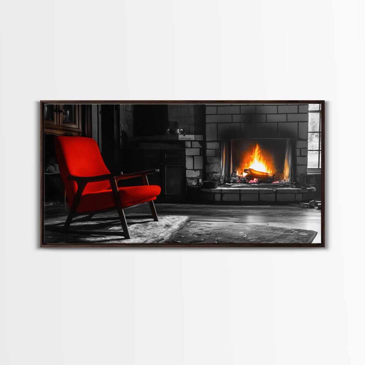 Fireplace, Red Chair, Cozy firelight and bold red accent chair on this Framed Canvas Print, Cozy Fall Living Room Art, Cabin Decor Accent