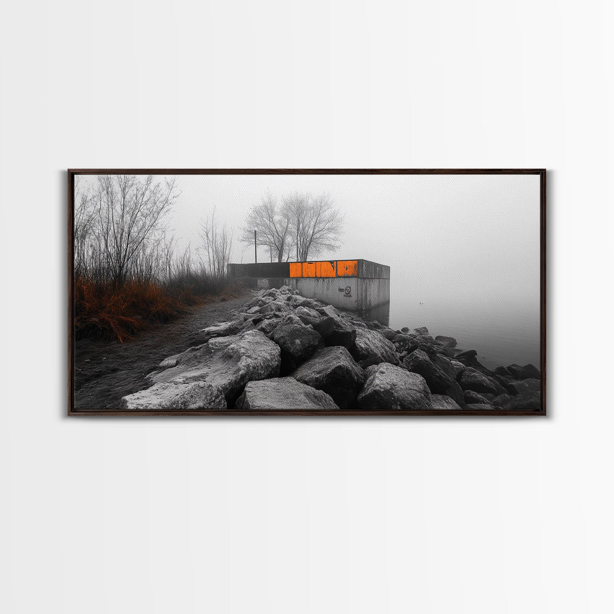 Fog Wall, Concrete Graffiti, Misty Lake Path, Framed Canvas Print, Urban Nature Blend, Moody Art, Hallway Decor, Modern Grayscale Style