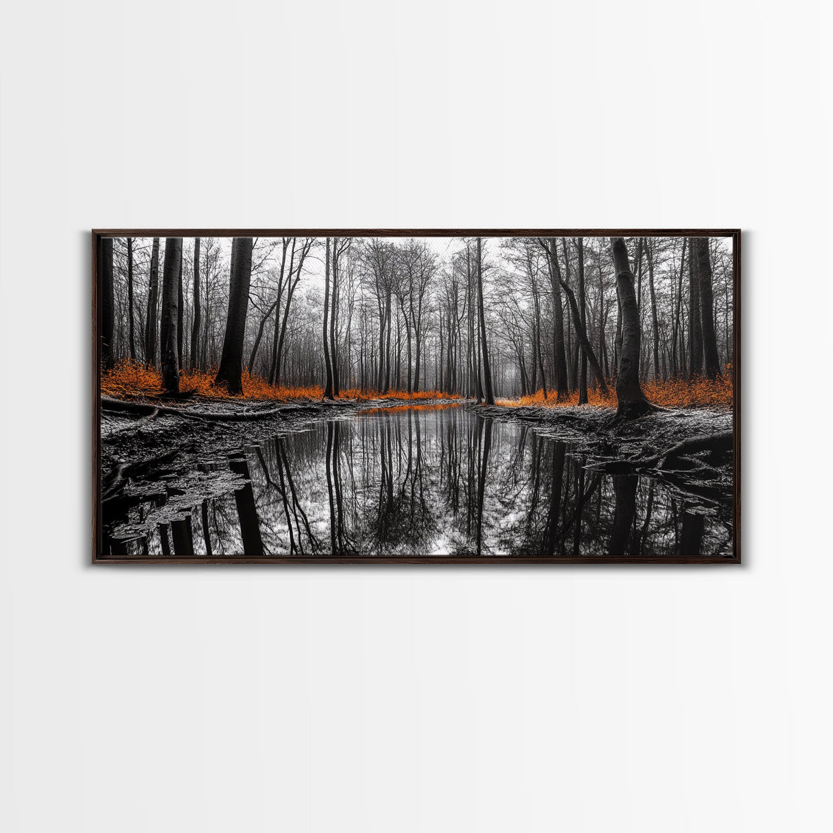 Reflected Forest, Orange Leaves, Tranquil River, Monochrome Fall, Canvas Print, Rustic Decor, Bedroom Wall Art, Woodland Scene