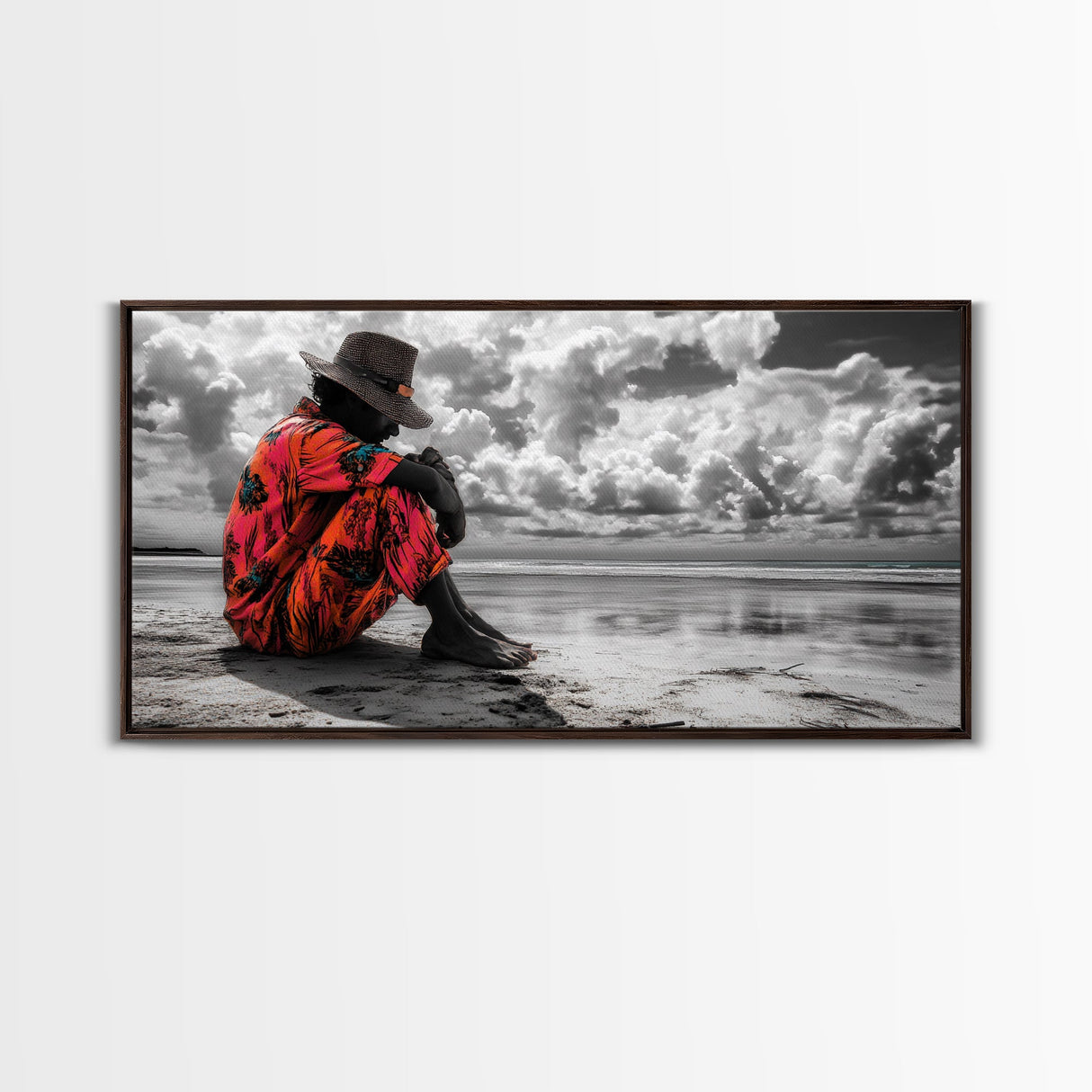 Island Dreaming, Beach Vibes, Serene Reflection, Cultural Portrait, Framed Canvas Print, Living Room Wall Art, Peaceful Coastal Scene