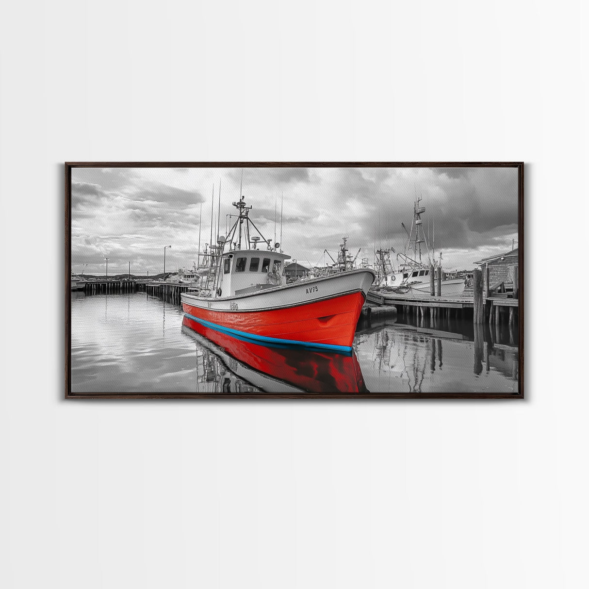 Red Boat, Dock Reflections, Moody Sky, Harbor Life, Framed Canvas Print, Nautical Wall Decor, Coastal Art, Living Room Art, Maritime Style