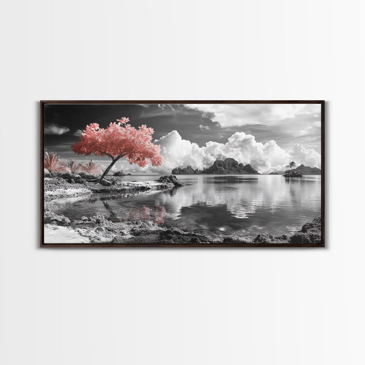 Pink Tree, Island Dreams, Serene Water, Tropical Sky, Framed Canvas Print, Boho Wall Art, Bedroom Decor, Black and White Landscape