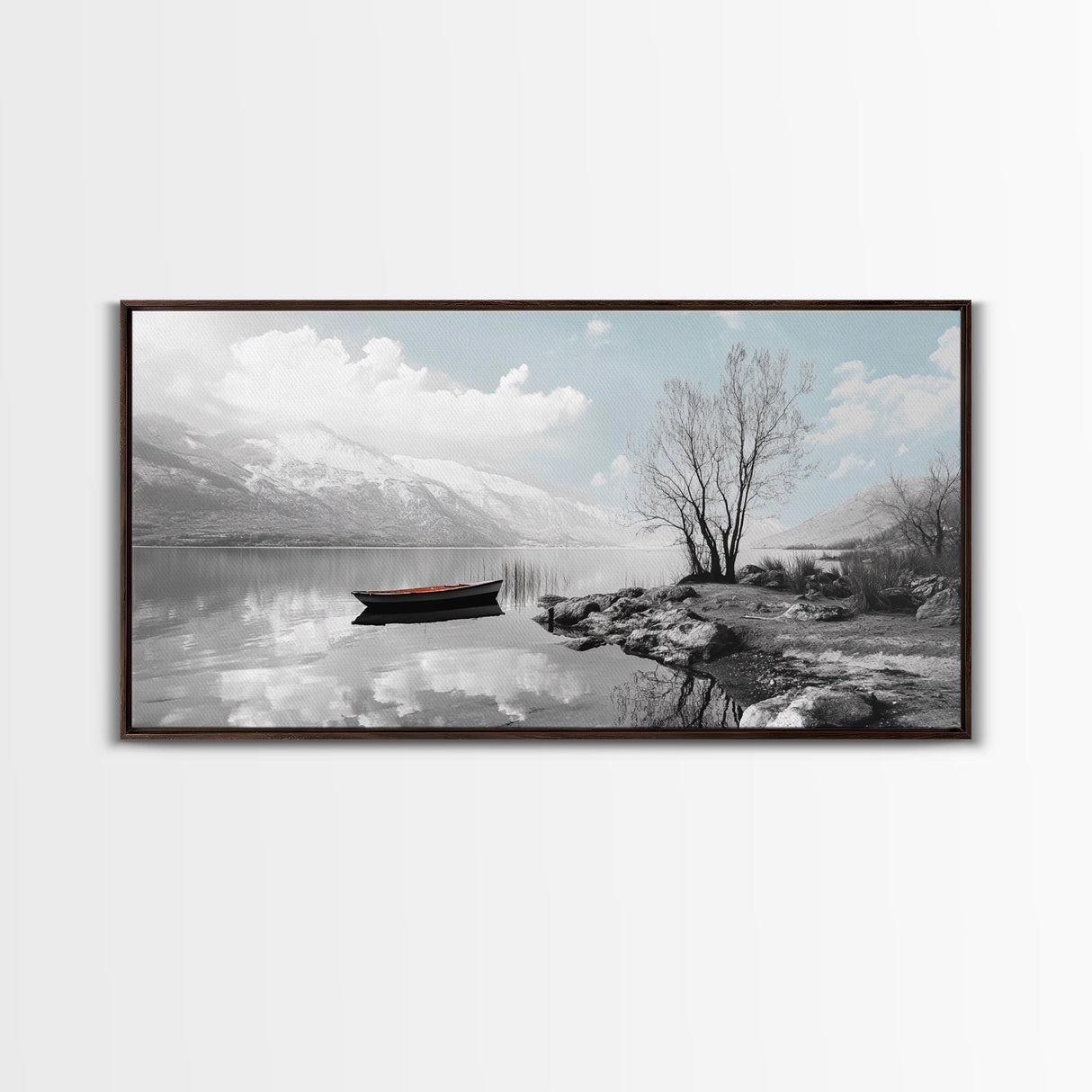 Solitary Boat, Alpine Lake, Tranquil Shore, Winter Silence – Canvas Print, Minimalist Wall Art, Bedroom Decor, Scandinavian Aesthetic