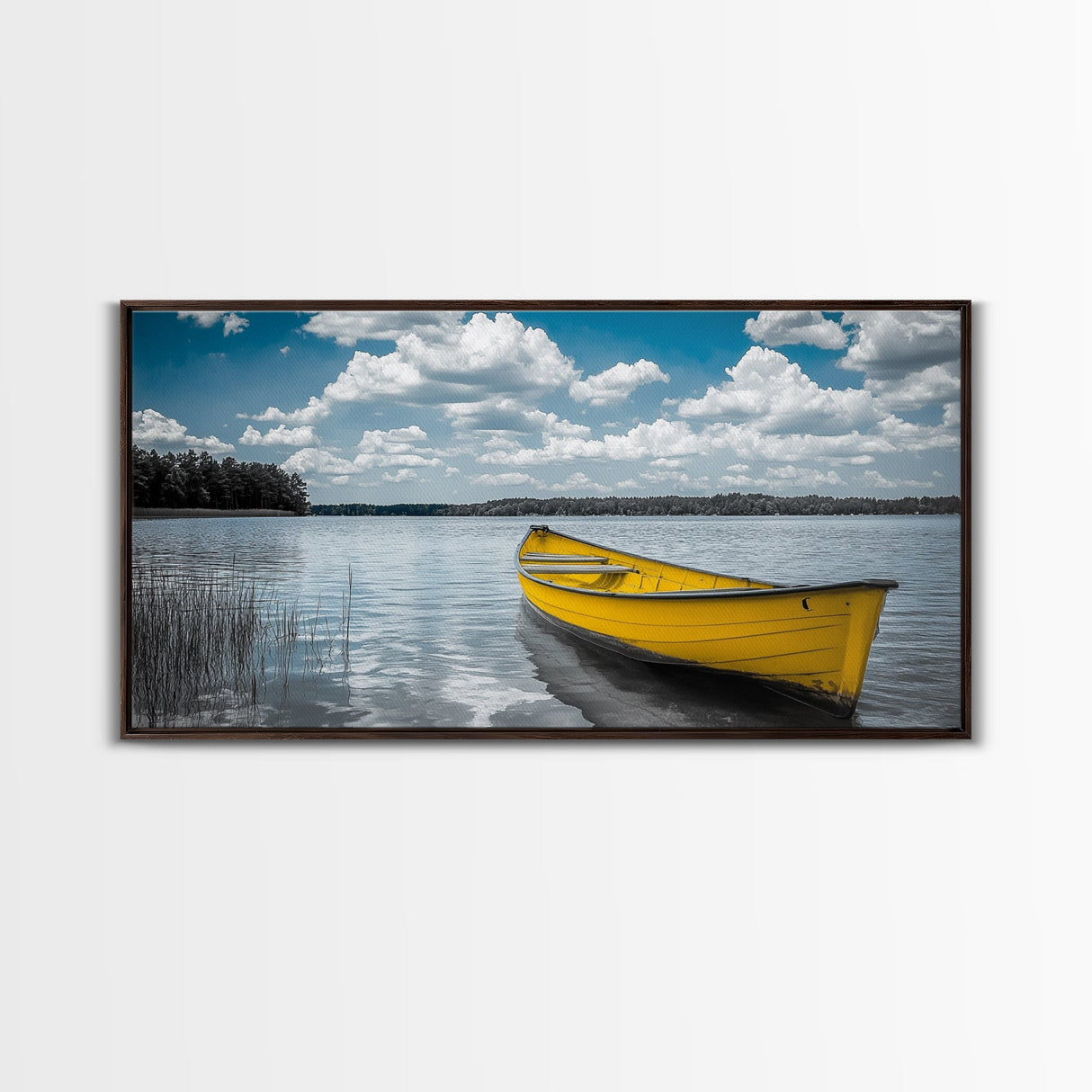 Yellow Rowboat, Calm Waters, Blue Sky, Sunny Lake – Framed Canvas Print, Summer Wall Art, Coastal Decor, Modern Nautical Style