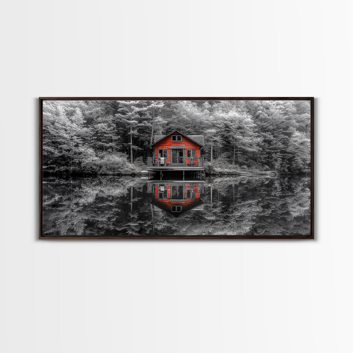 Red Cabin, Lake Reflection, Autumn Escape, Forest Retreat, Framed Canvas Print, Rustic Wall Art, Cabin Decor, Fall Living Room Artwork