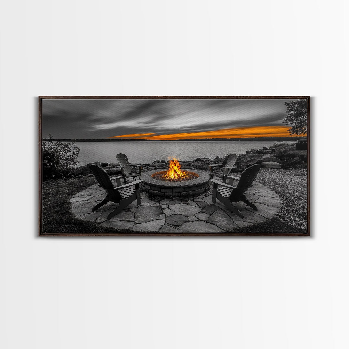 Fire Pit, Sunset Glow, Adirondack Chairs, Lake View, Framed Canvas Print, Fall Wall Art, Rustic Decor, Cozy Living Room Wall Accent