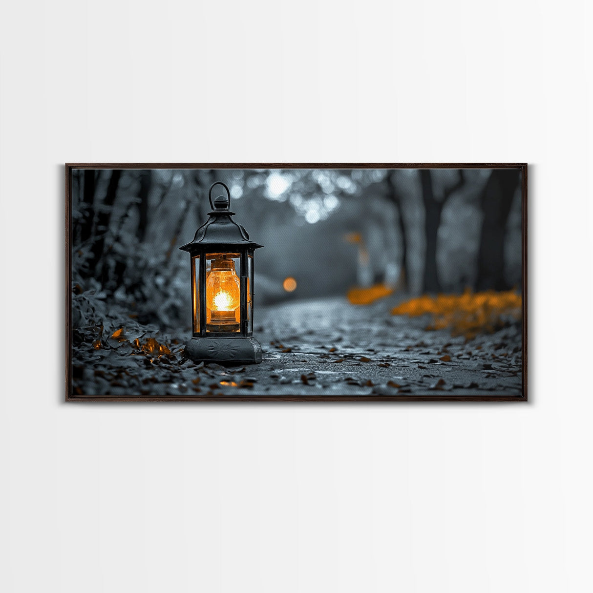 Lantern Glow, Forest Trail, Autumn Leaves, Soft Light, Framed Canvas Print, Fall Wall Art, Rustic Entryway Decor, Nature Photography Print