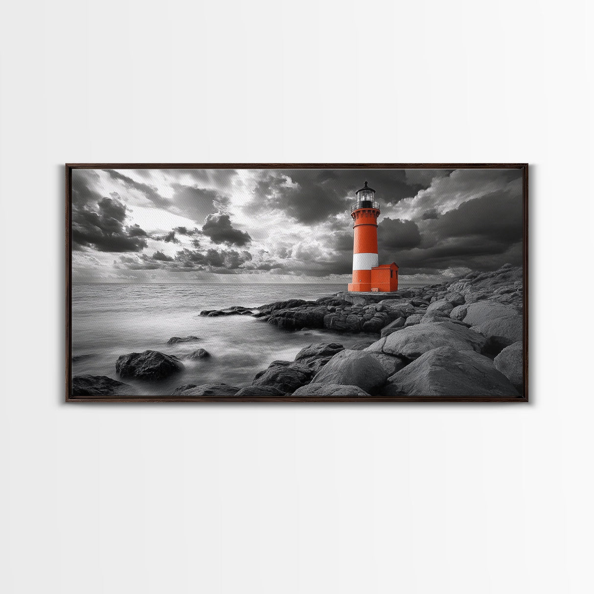 Red Lighthouse, Stormy Sea, Rocky Shore, Moody Coastal, Framed Canvas Print, Nautical Wall Art, Dramatic Bathroom Decor, Ocean Vibes